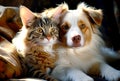 A cat and a dog lying together. Love and friendship concept. Pets Royalty Free Stock Photo