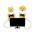 Cat and dog play video games. Vector image.