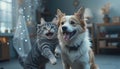 A cat and a dog are playing cheerfully Royalty Free Stock Photo