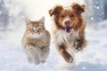 Cat and dog playing in the snow in sunny day. ute animals running in winter field, walking in the park. Royalty Free Stock Photo