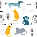 Cat and dog seamles pattern. Kids textile vector design. Animals playing in nature. Hand drawn illustration with cute cartoon, doo Royalty Free Stock Photo