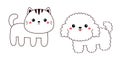 Cat and dog set. Maltese bichon . Puppy kitten face head line contour silhouette icon. Doodle animal pet icon. Cute kawaii cartoon