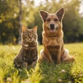 A cat and a dog sit together on a grassy field and bask in the rays of the sun. Royalty Free Stock Photo