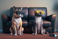 Cat And Dog Sitting On Couch In Virtual Glasses. Generative AI