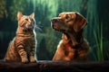 a cat and a dog sitting near each other, both looking sideways Royalty Free Stock Photo