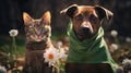 A cat and dog sitting next to each other in the grass, AI Royalty Free Stock Photo