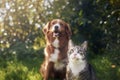 Cat and dog sitting together in grass on sunny day