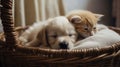A cat and a dog sleeping in a basket ai, ai generative, illustration Royalty Free Stock Photo