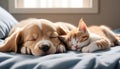 Cat and dog sleeping. Puppy and kitten sleep.