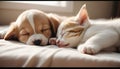 Cat and dog sleeping. Puppy and kitten sleep. Royalty Free Stock Photo