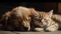 Cat and dog sleeping. Puppy and kitten sleep. Generative AI Royalty Free Stock Photo