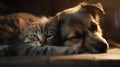 Cat and dog sleeping. Puppy and kitten sleep. Generative AI Royalty Free Stock Photo