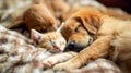 Cat and dog sleeping together. Kitten and puppy taking nap. Home pets. Animal care. AI Generative Royalty Free Stock Photo