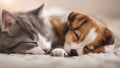 cat and dog Cat and dog sleeping together. Kitten and puppy taking nap. Home pets. Animal care. Love and friends Royalty Free Stock Photo