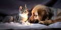 Cat and dog sleeping together. Kitten and puppy taking nap. Home pets. Animal care. Love and friendship Royalty Free Stock Photo