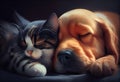 Cat and dog sleeping together. Kitten and puppy taking nap. Home pets. Animal care. Love and friendship. Domestic Royalty Free Stock Photo