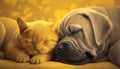 Cat and dog sleeping together. Kitten and puppy taking nap. Home pets. Animal care. Love and friendship, Generative Ai Royalty Free Stock Photo