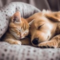 Cat and dog sleeping together. Kitten and puppy taking nap. Home pets. Created with generative AI. Royalty Free Stock Photo