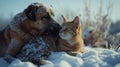 A cat and dog snuggling in the snow together, AI Royalty Free Stock Photo