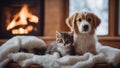 cat and dog A snuggly puppy and kitten duo wrapped in a fluffy blanket, with a backdrop of a warm fireplace