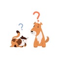 Cat and dog solve problem. Animals thinking, thoughtful kitty and puppy. Cute cartoon characters, domestic pets puzzled
