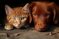 Cat and dog on the street, animal friendship. AI generative