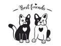 Cat and dog together are best friends. Friendship of two cute cartoon pet characters. Pair of contour french bulldog and Royalty Free Stock Photo
