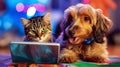 Cat and dog watching a digital screen together in a home environment. Interaction between pets and technology Royalty Free Stock Photo