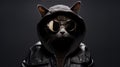 a cat donning sunglasses and a black hoodie while strolling outdoors, showcasing stylish costume design, a blend of