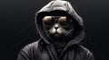 a cat donning sunglasses and a black hoodie while strolling outdoors, showcasing stylish costume design, a blend of