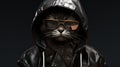 a cat donning sunglasses and a black hoodie while strolling outdoors, showcasing stylish costume design, a blend of