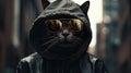 a cat donning sunglasses and a black hoodie while strolling outdoors, showcasing stylish costume design, a blend of