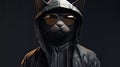 a cat donning sunglasses and a black hoodie while strolling outdoors, showcasing stylish costume design, a blend of