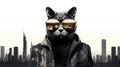 a cat donning sunglasses and a black hoodie while strolling outdoors, showcasing stylish costume design, a blend of