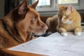 cat, drawing plans on sketchpad, while dog looks on with approval