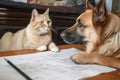 cat, drawing plans on sketchpad, while dog looks on with approval