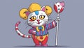 A cat dressed as a clown holding a lollipop