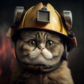 Cat dressed as firefighter. Fireman uniform and helmet. Royalty Free Stock Photo