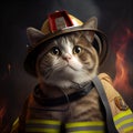 Cat dressed as firefighter. Fireman uniform and helmet. Royalty Free Stock Photo