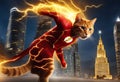 cat dressed as the Flash superhero (DC Comics) with a bottle of beer in his paws