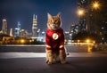 cat dressed as the Flash superhero (DC Comics) with a bottle of beer in his paws