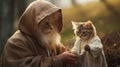 A cat dressed as a wizard and holding hands with another small cat, AI