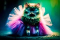 Cat dressed in colorful tutu is sitting on wooden floor. Generative AI Royalty Free Stock Photo