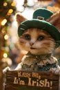 A cat dressed in a green hat holding up an irish sign, AI
