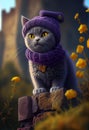 cat dressed in knitted purple and sweater Winter pet concept. illustration calendar postcard illustration for Royalty Free Stock Photo
