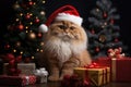 The cat is dressed like Santa Claus and wears red Santa hats The Christmas tree and gifts can be seen in the background Royalty Free Stock Photo