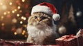 The cat is dressed like Santa Claus and wears red Santa hats The Christmas tree and gifts can be seen in the background Royalty Free Stock Photo