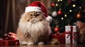 The cat is dressed like Santa Claus and wears red Santa hats The Christmas tree and gifts can be seen in the background Royalty Free Stock Photo