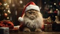 The cat is dressed like Santa Claus and wears red Santa hats The Christmas tree and gifts can be seen in the background Royalty Free Stock Photo