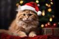The cat is dressed like Santa Claus and wears red Santa hats The Christmas tree and gifts can be seen in the background Royalty Free Stock Photo